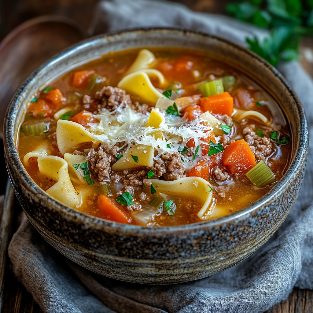 Hamburger Noodle Soup with Tomatoes and Parmesan