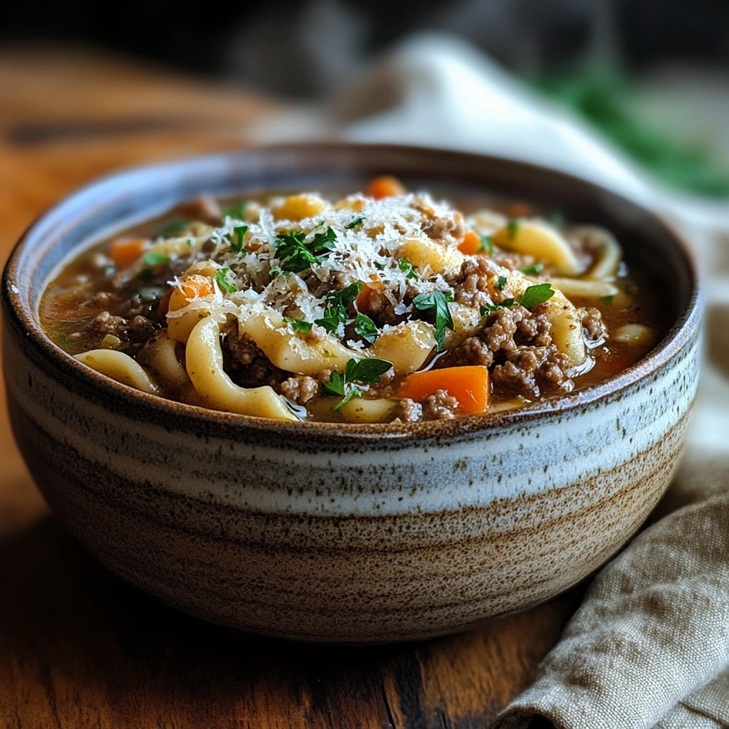 Cozy Hamburger Noodle Soup with Tomatoes and Parmesan: A Comforting Classic