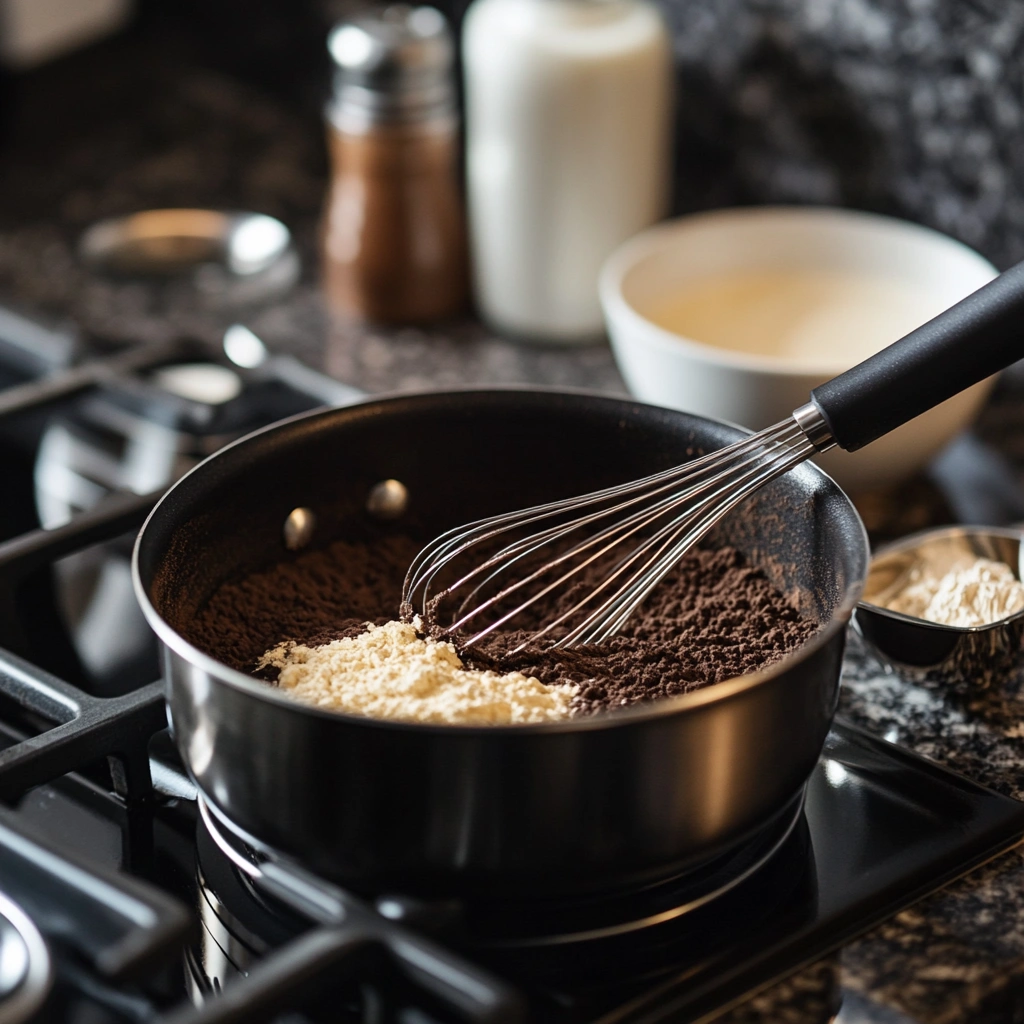 The saucepan on the stovetop, filled with a dark mixture of dry ingredients blended smoothly with 1/4 cup milk. 