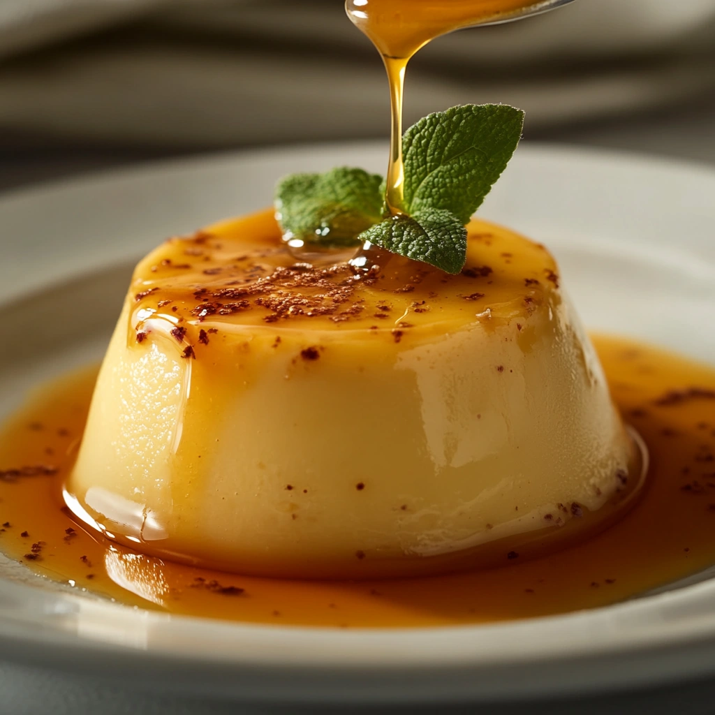 A perfectly unmolded caramel custard on a white plate, drizzled with golden caramel sauce and garnished with fresh mint.