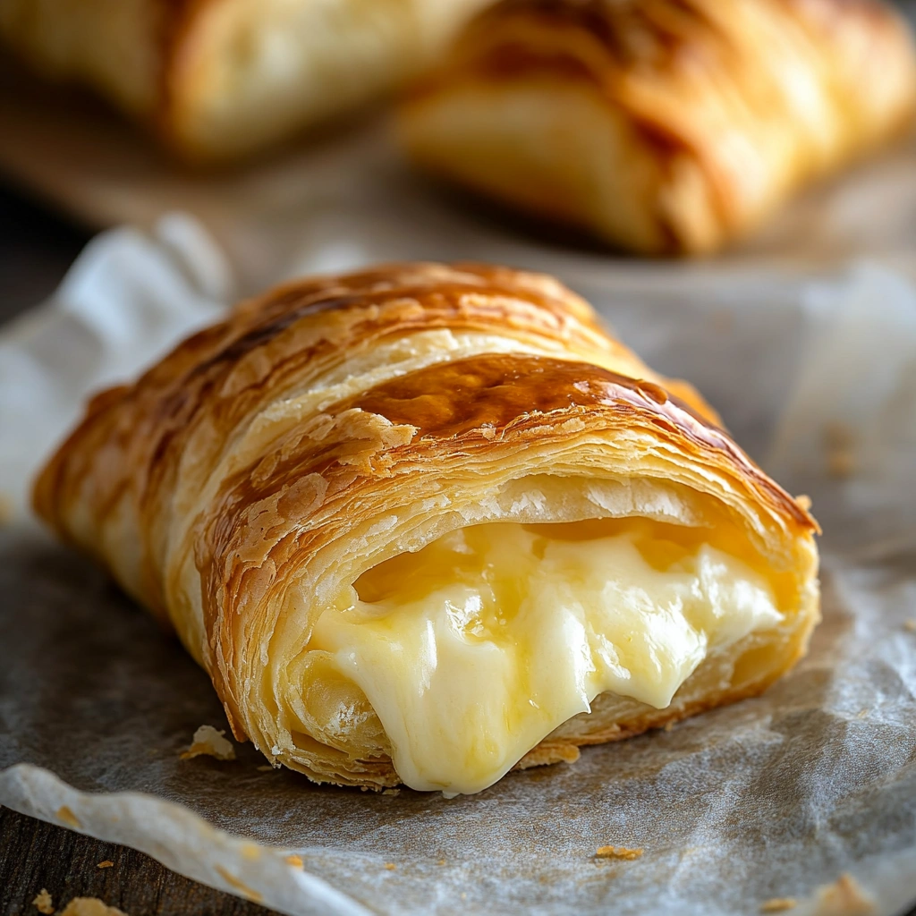 A golden-brown Cheese Danish Pastry, with flaky layers and a creamy cheese filling, drizzled with a light sugar glaze, served on a white plate.