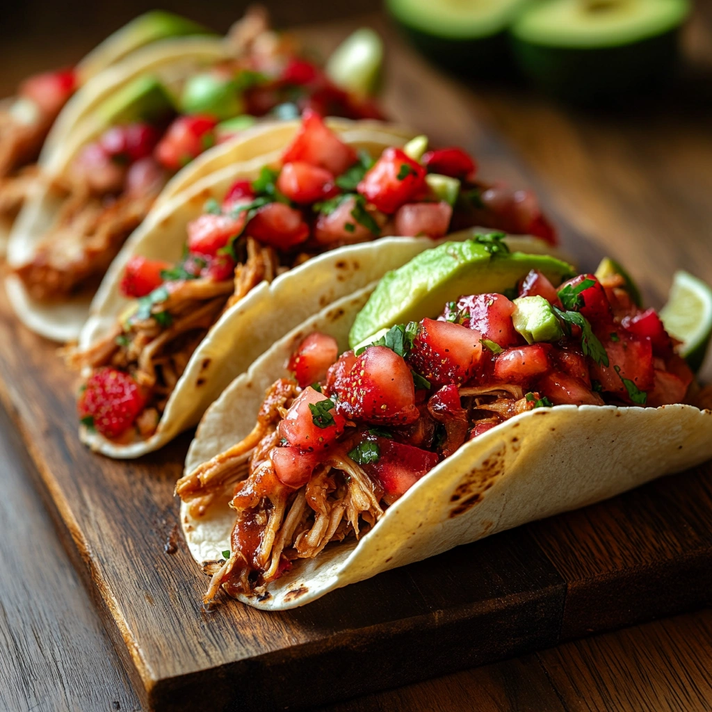 A plate of honey barbecue chicken tacos topped with fresh coleslaw, avocado slices, and pickled onions, served on soft tortillas with a side of lime wedges.
