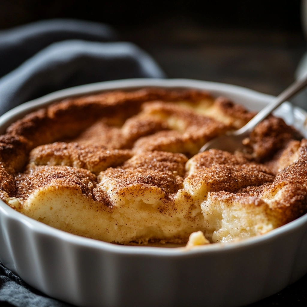 A freshly baked Snickerdoodle Cobbler in a baking dish, golden brown with a crispy cinnamon-sugar topping, served warm with a scoop of vanilla ice cream.