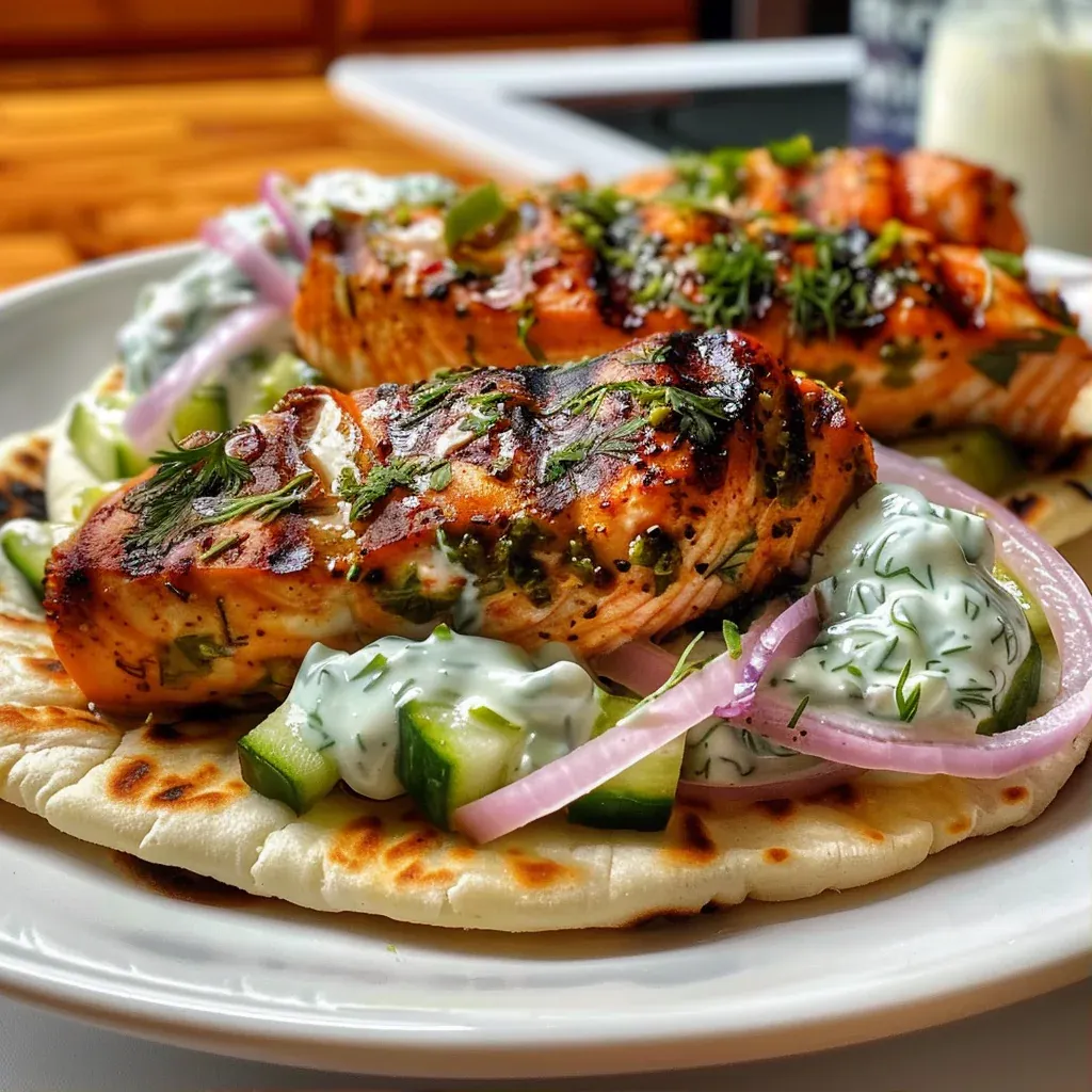Juicy Grilled Salmon Gyros with Creamy Dill Yogurt Sauce - Recipe Image
