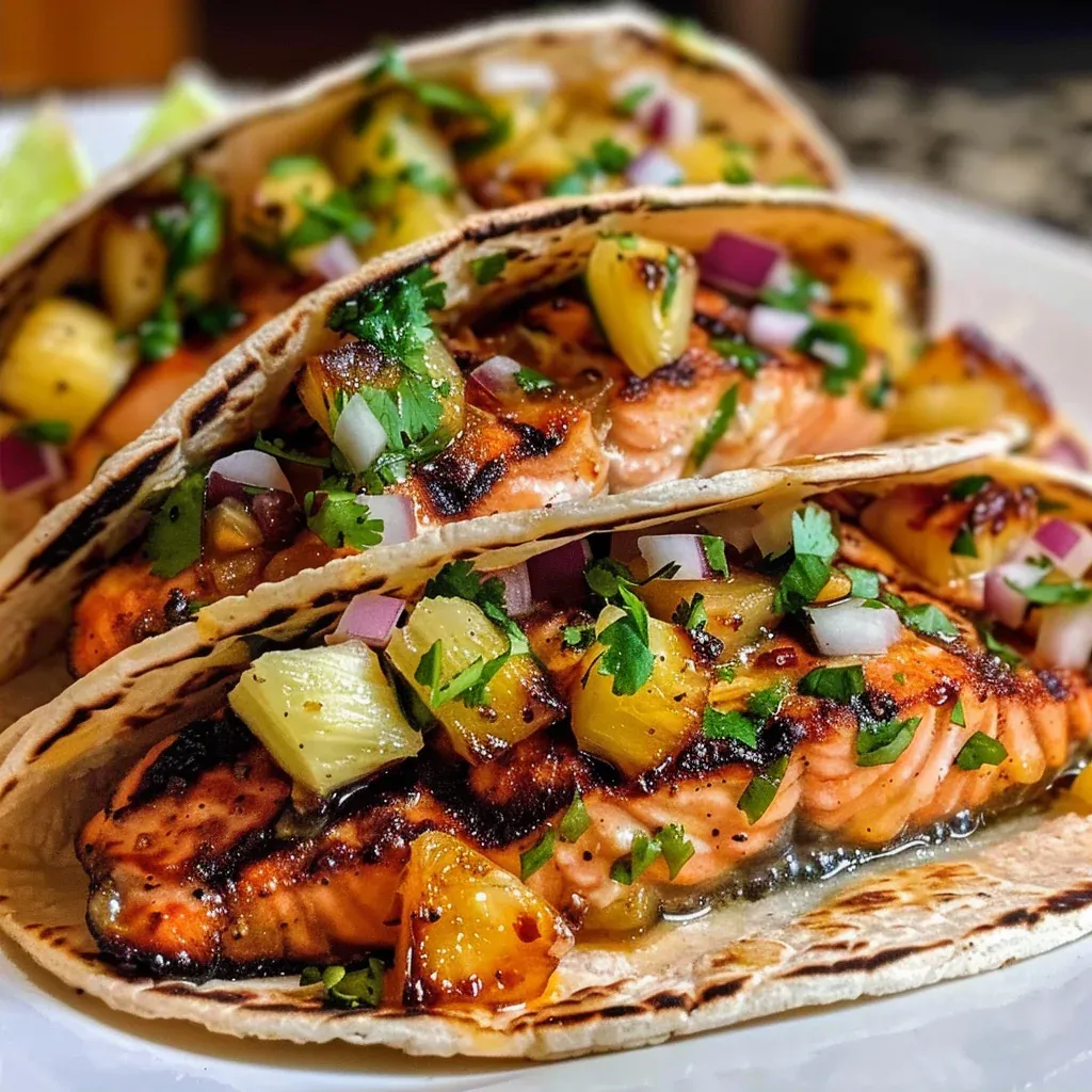 Chipotle Honey Salmon Tacos with Juicy Pineapple Salsa - Recipe Image