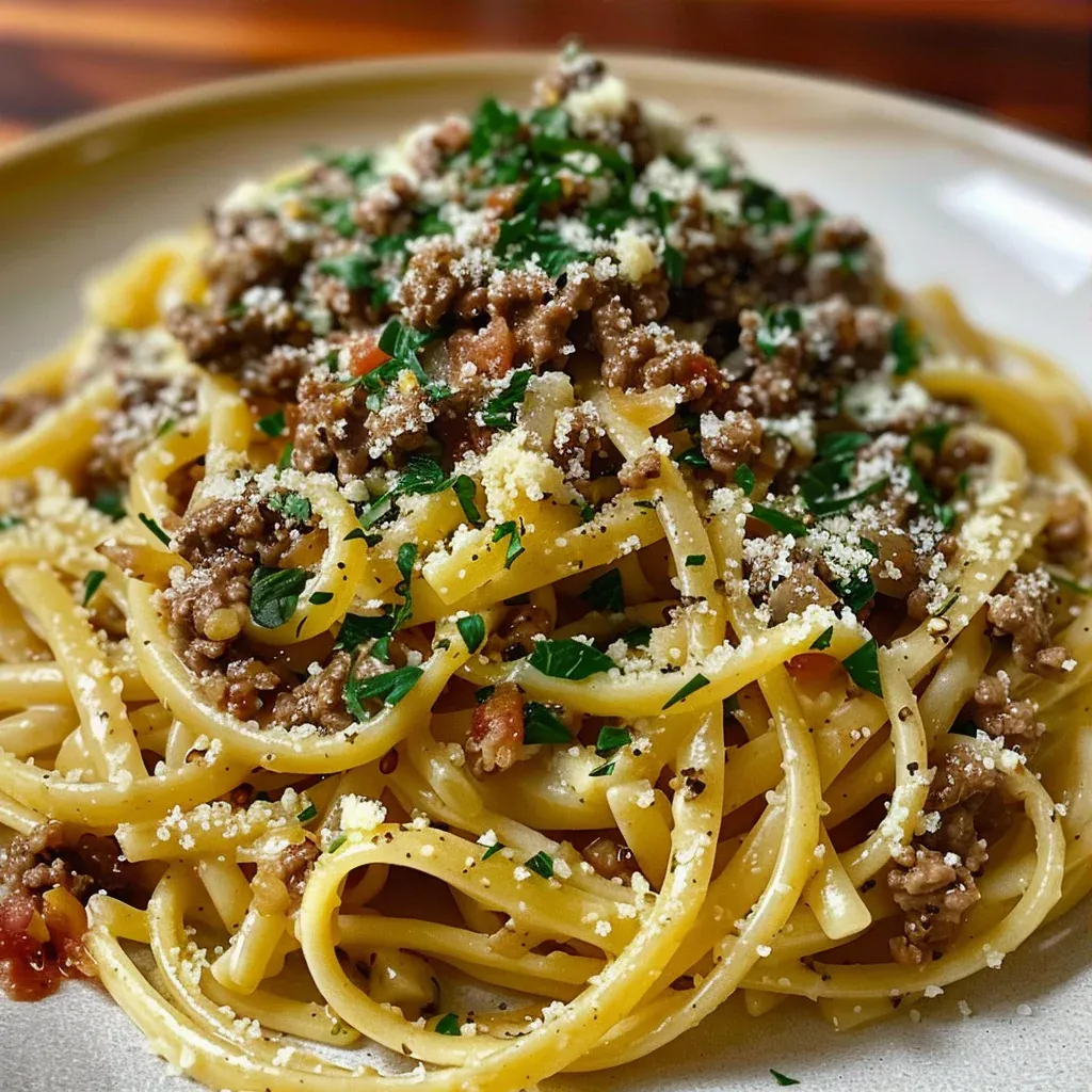 Creamy Parmesan Beef Linguine with Garlic Butter Sauce - Recipe Image