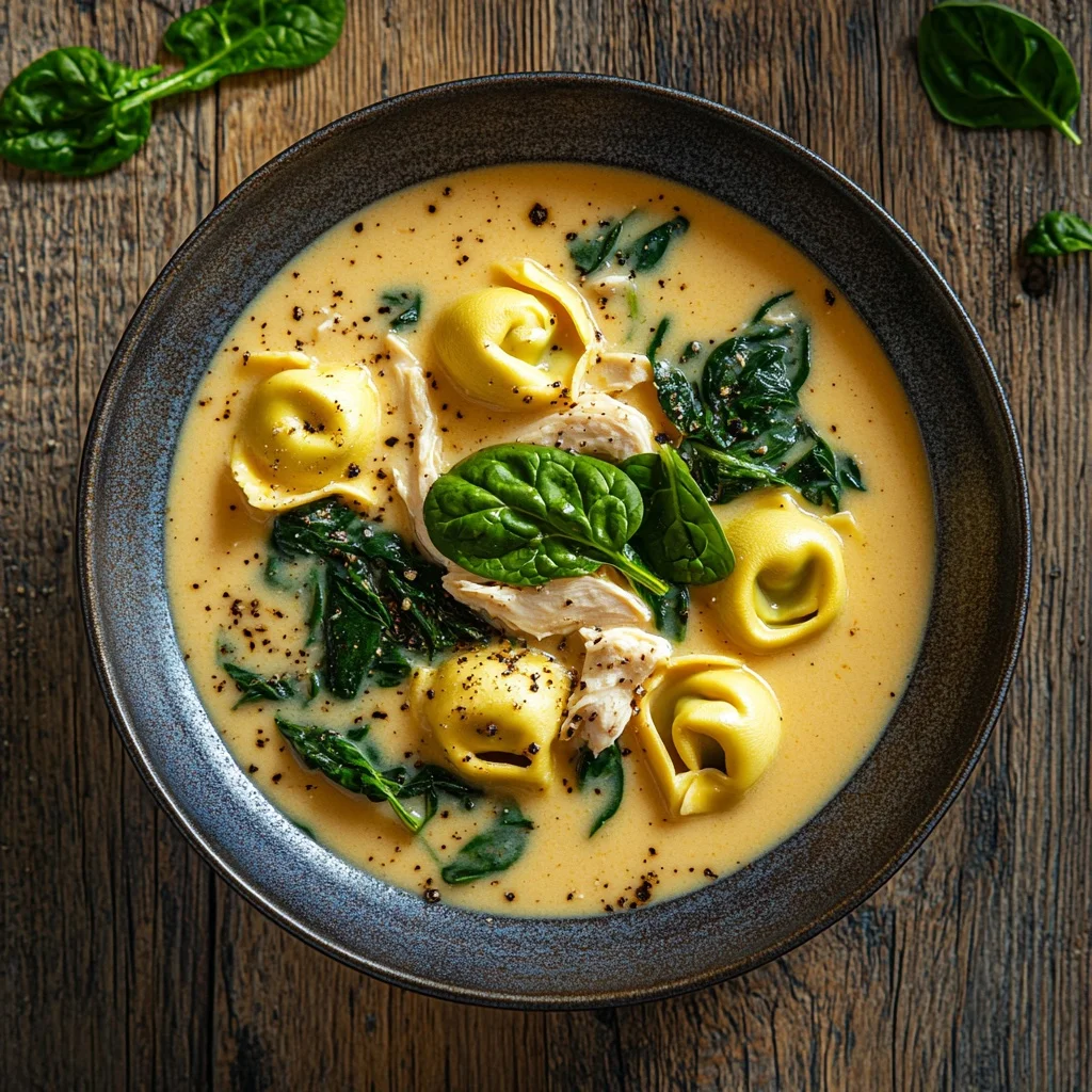 cozy chicken tortellini soup with spinach ingredients