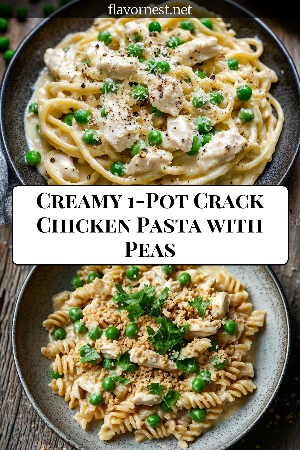 creamy 1-pot crack chicken pasta with peas pin