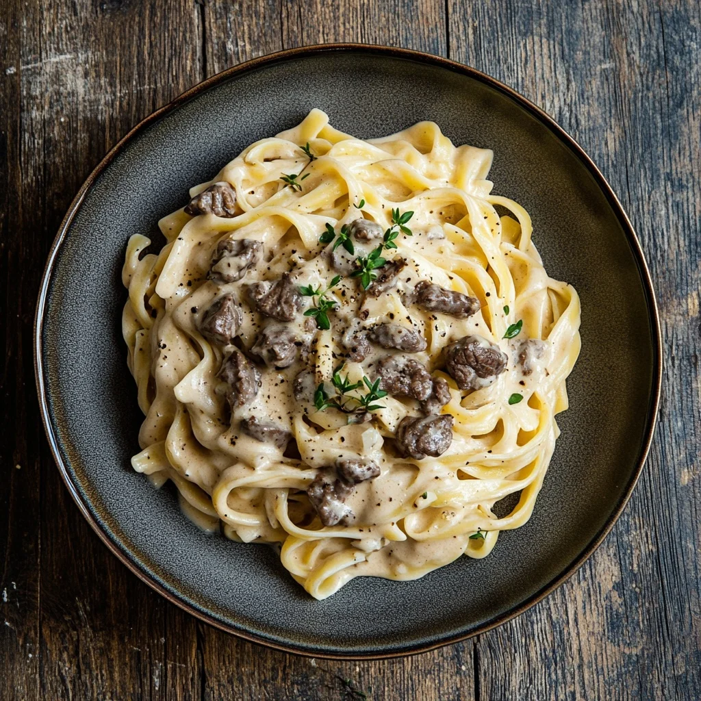 creamy high protein beef pasta