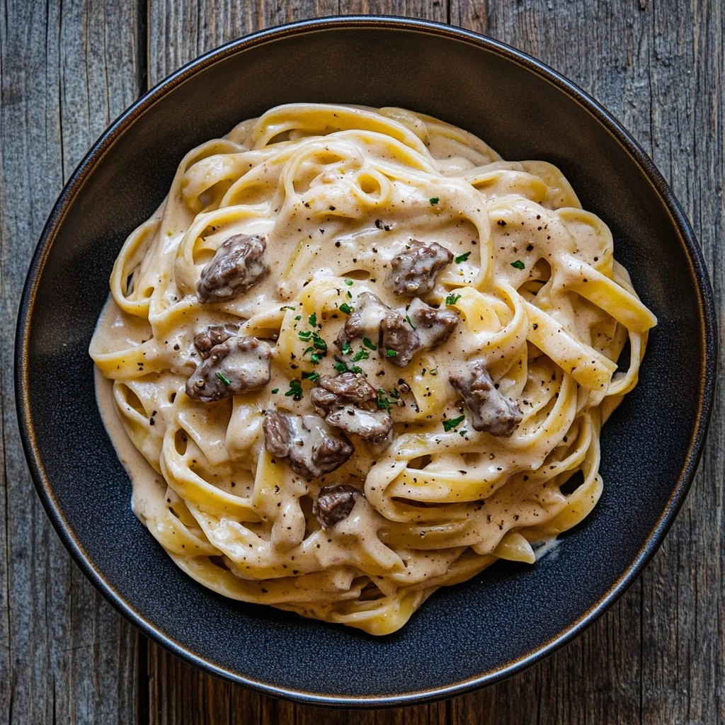 creamy high protein beef pasta serving suggestion