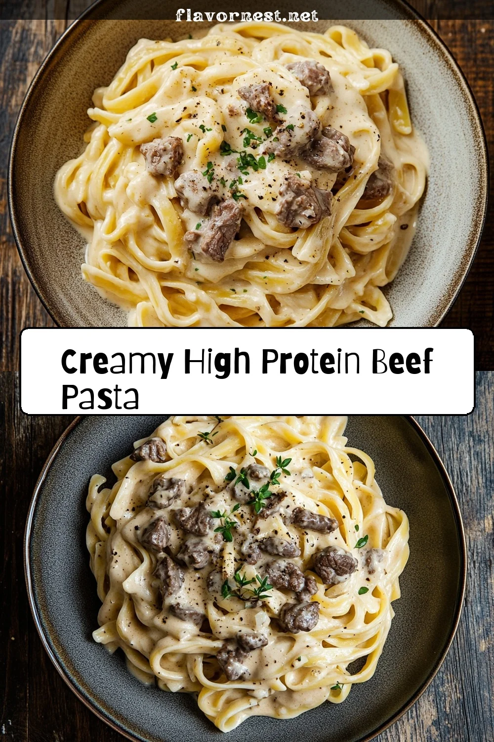 creamy high protein beef pasta pin