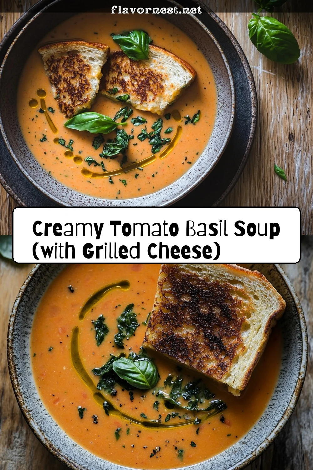 creamy tomato basil soup (with grilled cheese) pin