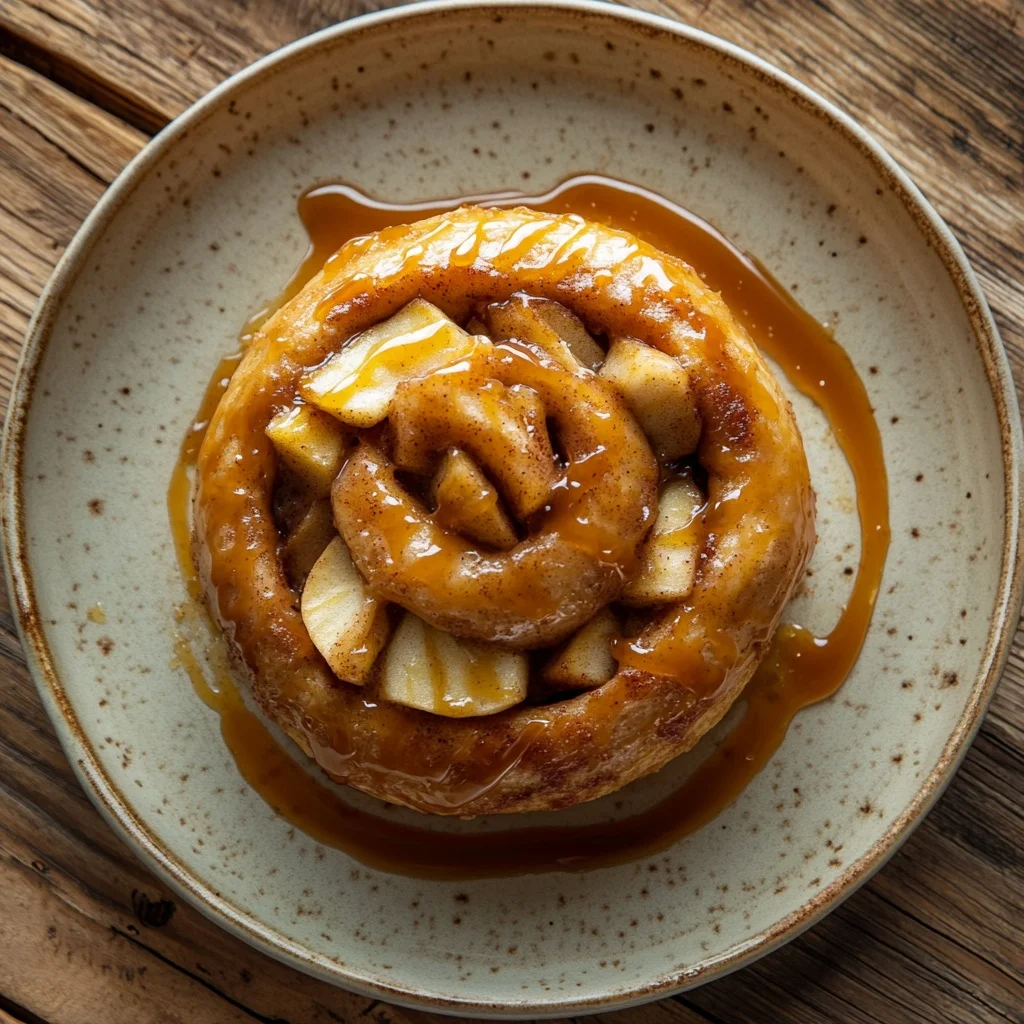 easy cinnamon roll apple bake with caramel drizzle serving suggestion