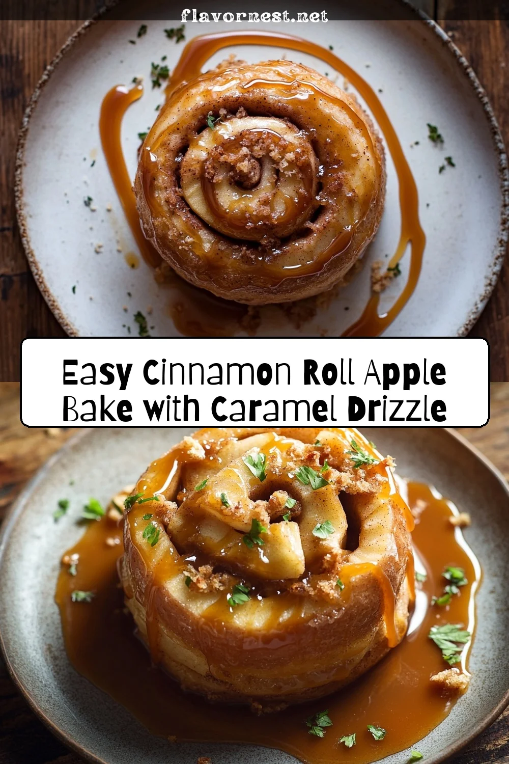 easy cinnamon roll apple bake with caramel drizzle pin