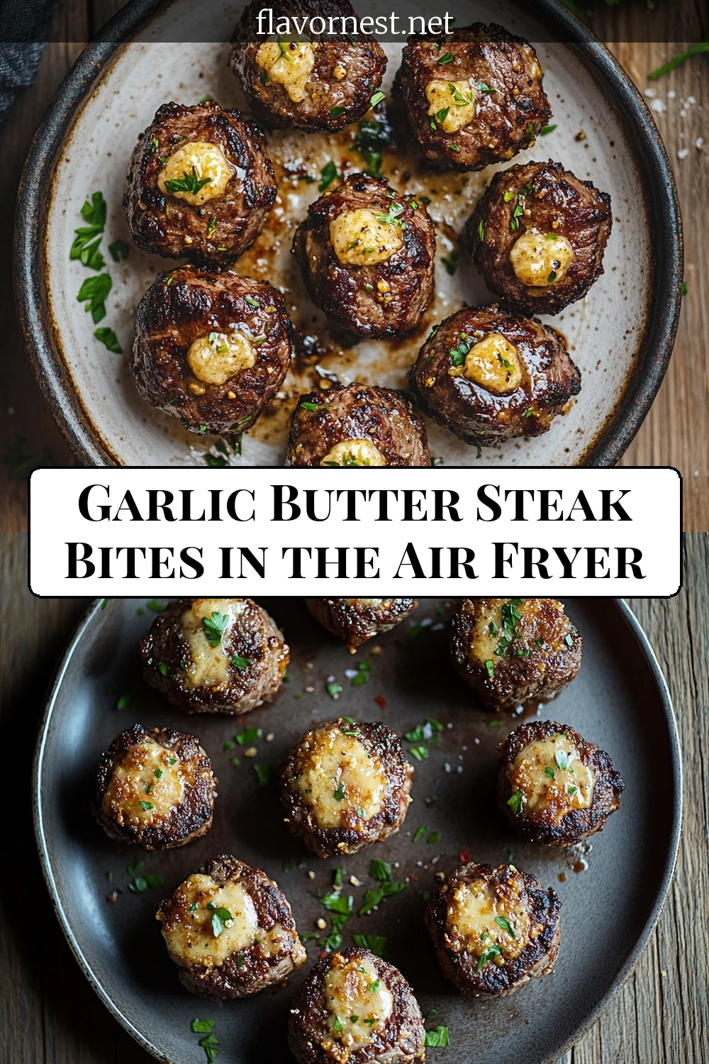 garlic butter steak bites in the air fryer pin