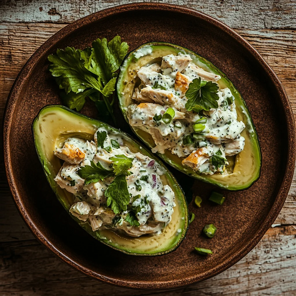 healthy greek yogurt chicken salad stuffed avocados