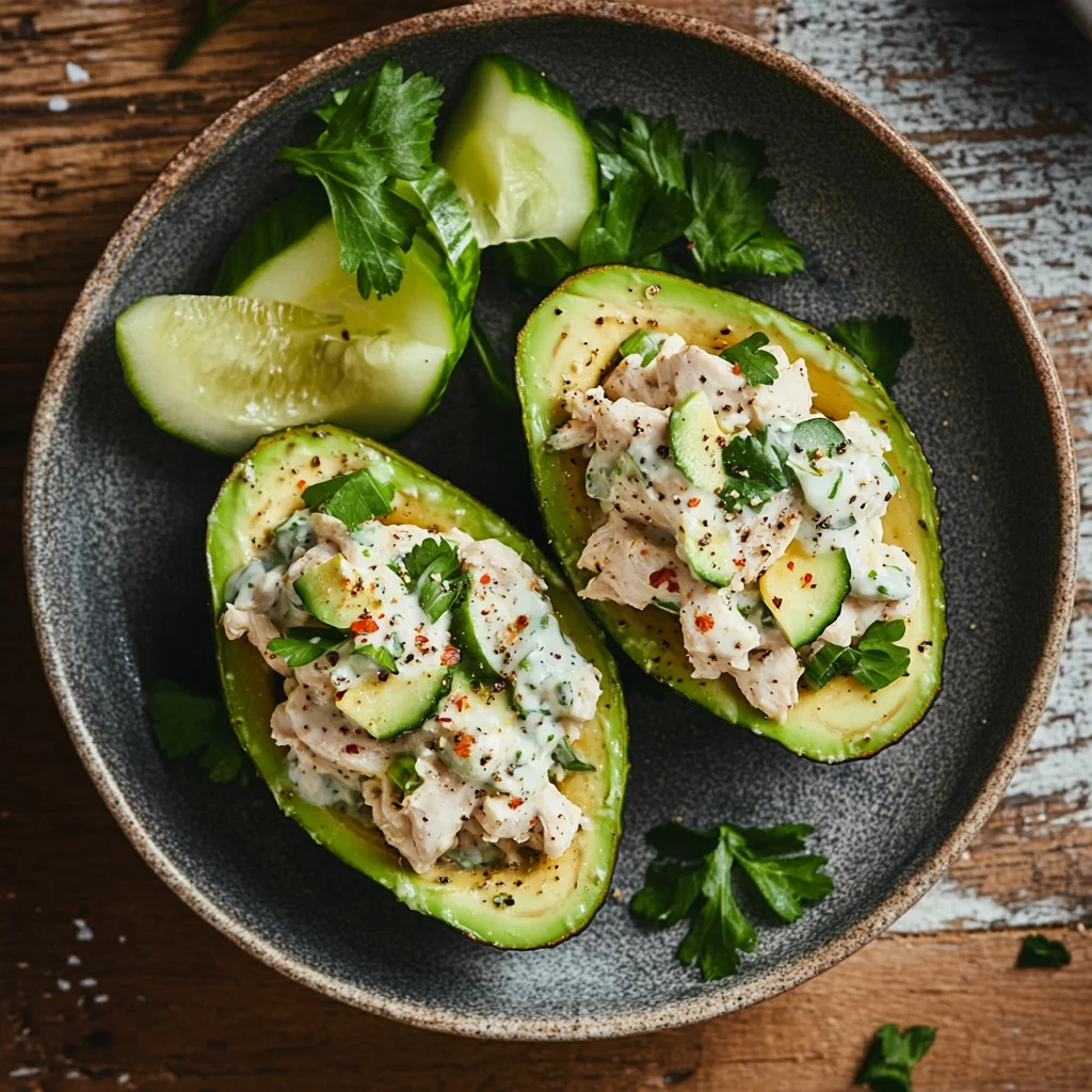 healthy greek yogurt chicken salad stuffed avocados serving suggestion