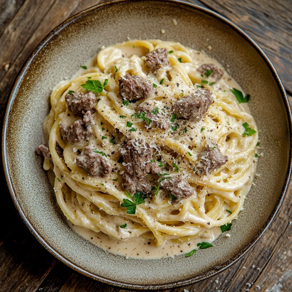one-pot creamy beef and garlic butter pasta serving suggestion