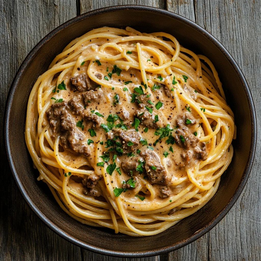 one-pot spaghetti with creamy beef sauce serving suggestion