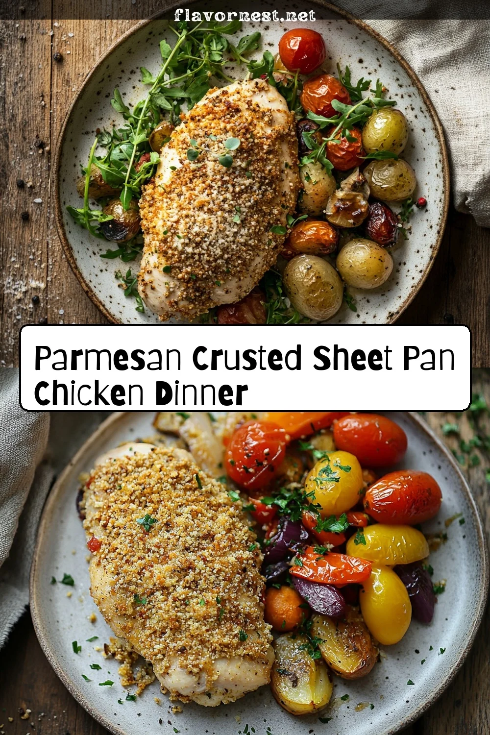 parmesan crusted sheet pan chicken dinner recipe pin