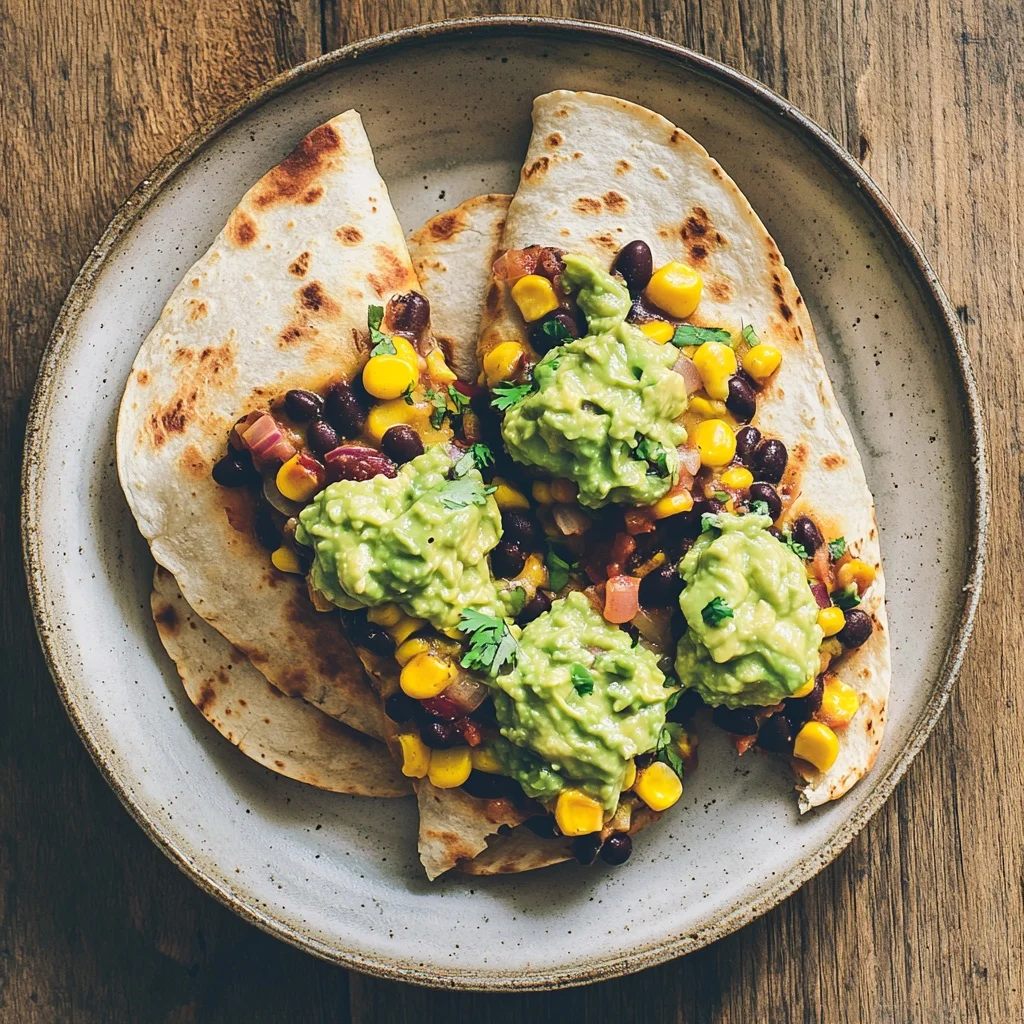 quick black bean and corn quesadillas with guacamole serving suggestion