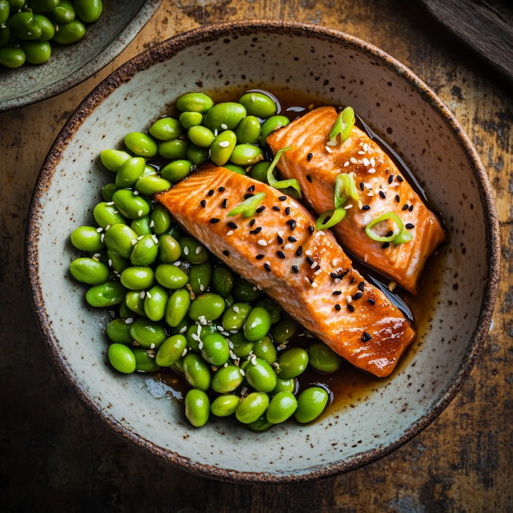 quick teriyaki salmon bowls with edamame serving suggestion