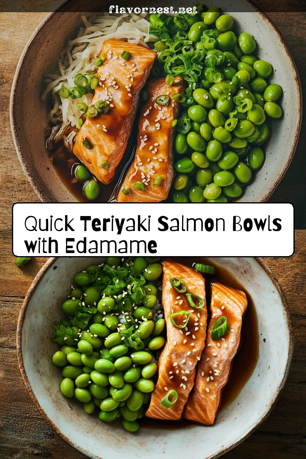quick teriyaki salmon bowls with edamame pin