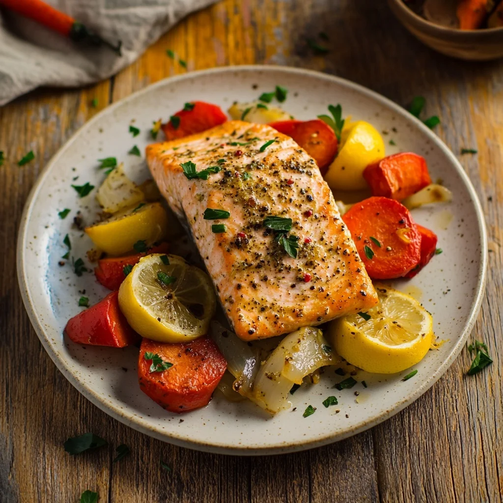 sheet pan lemon pepper salmon and veggies serving suggestion