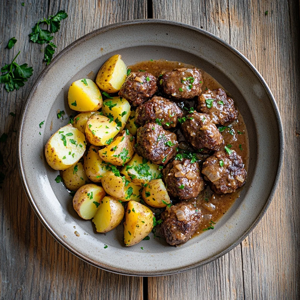 slow cooker garlic butter beef bites with potatoes