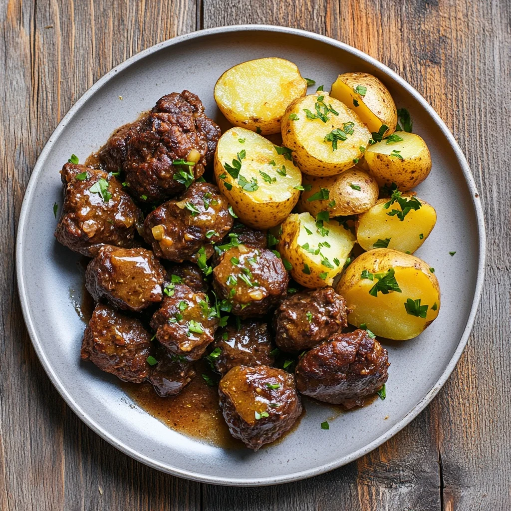 slow cooker garlic butter beef bites with potatoes serving suggestion