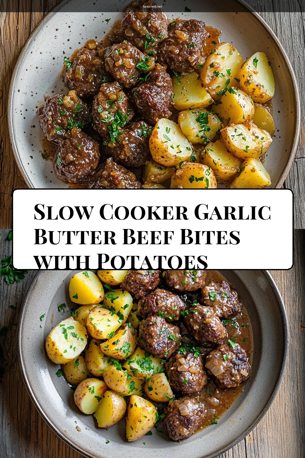 slow cooker garlic butter beef bites with potatoes pin