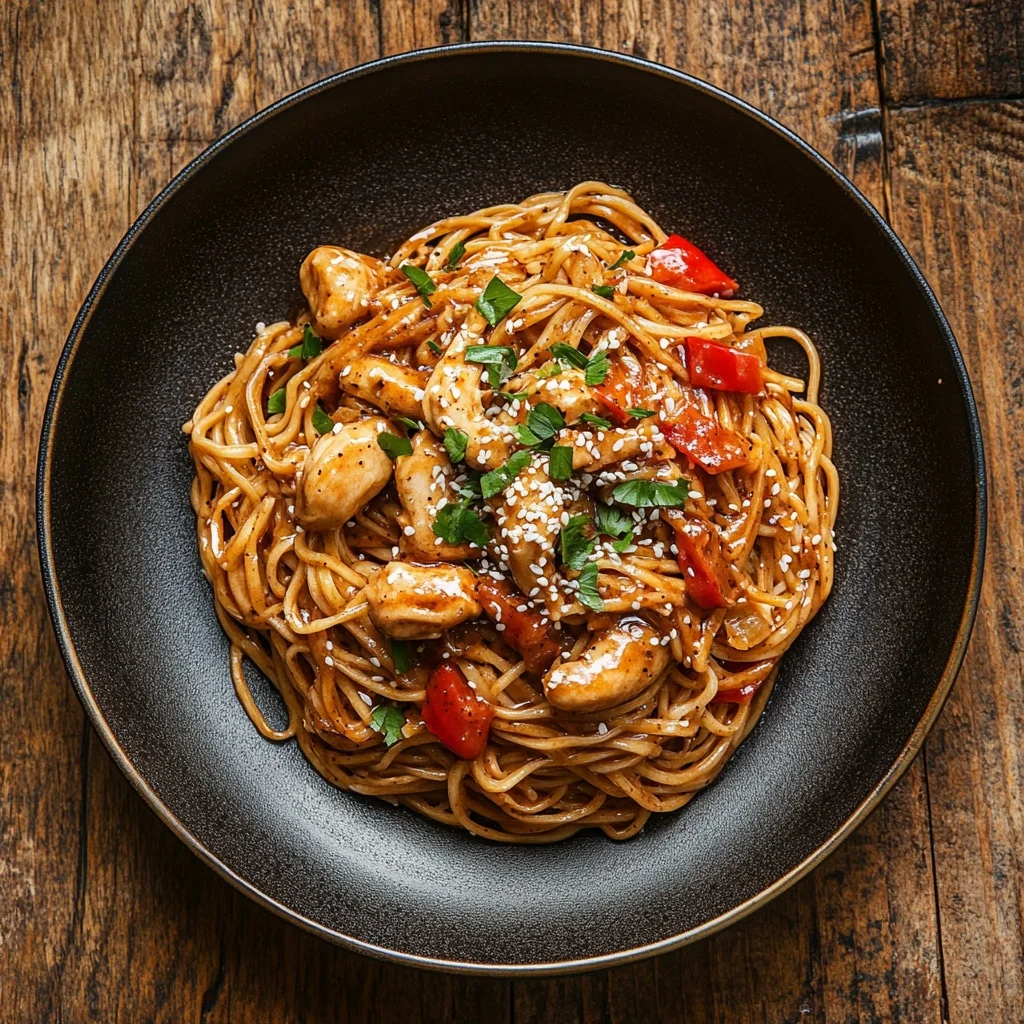 sticky garlic chicken noodles