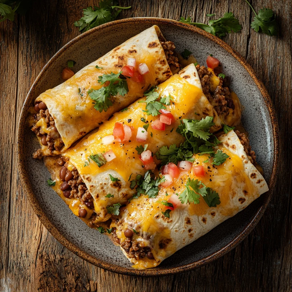 cheesy ground beef and bean burritos