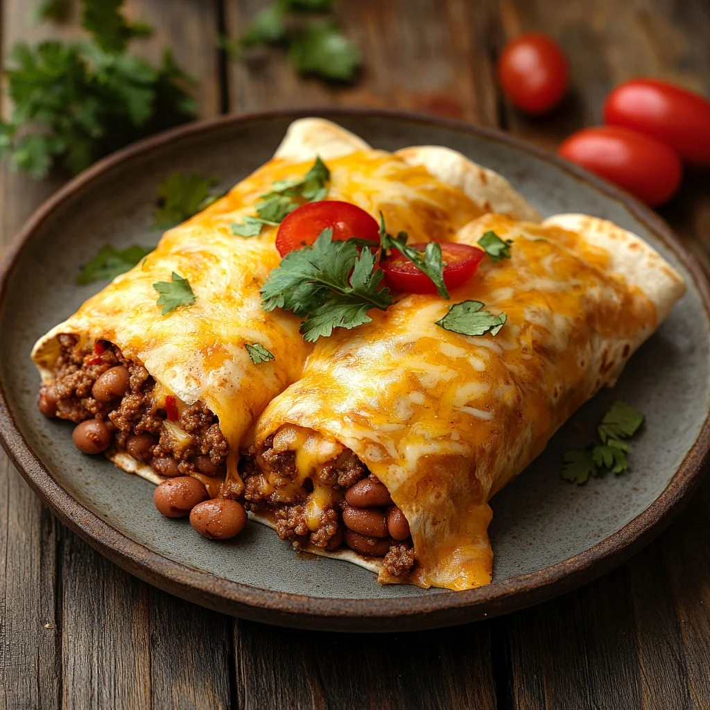 cheesy ground beef and bean burritos serving suggestion
