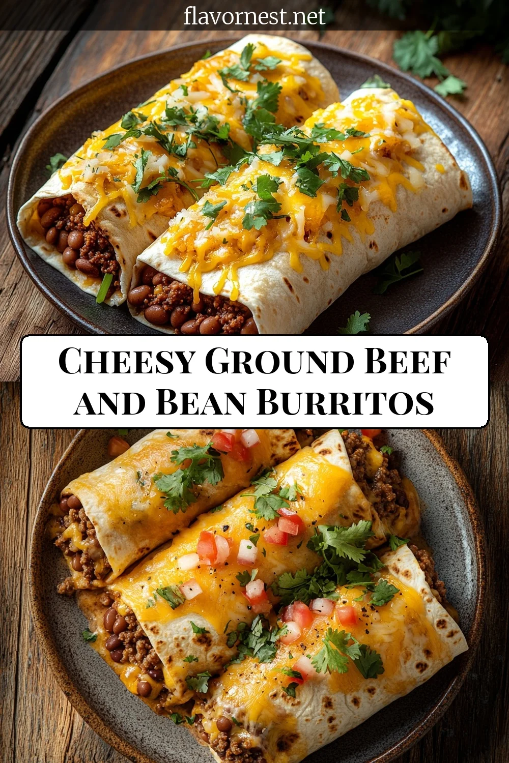 cheesy ground beef and bean burritos pin