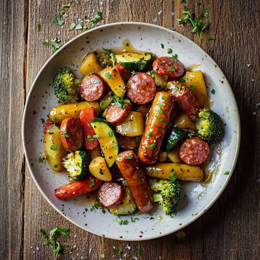 easy one-pan honey garlic kielbasa & veggies serving suggestion
