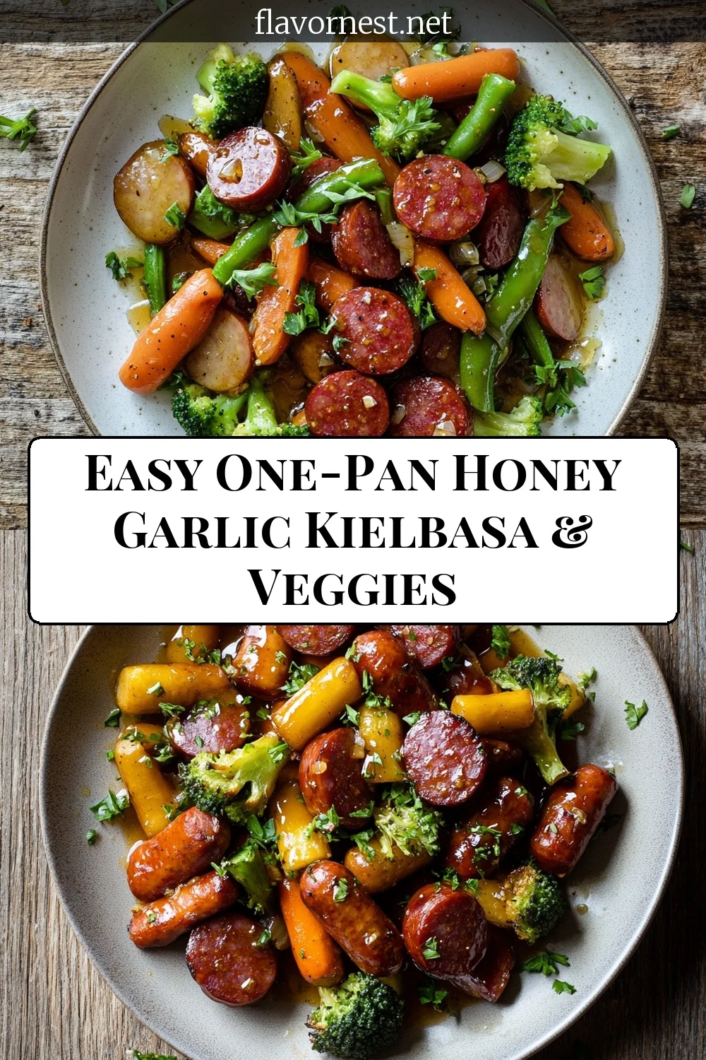 easy one-pan honey garlic kielbasa & veggies pin