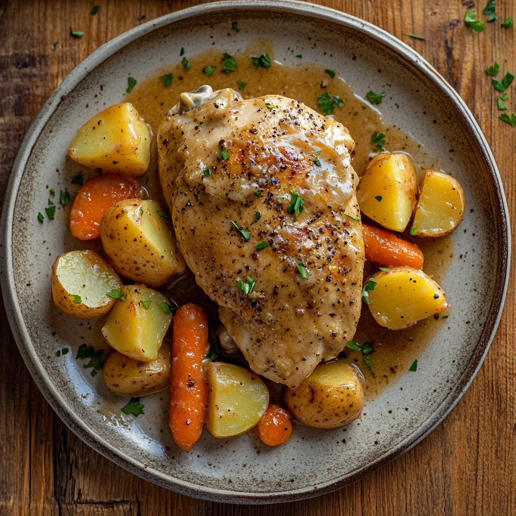 garlic butter crockpot chicken with potatoes and carrots