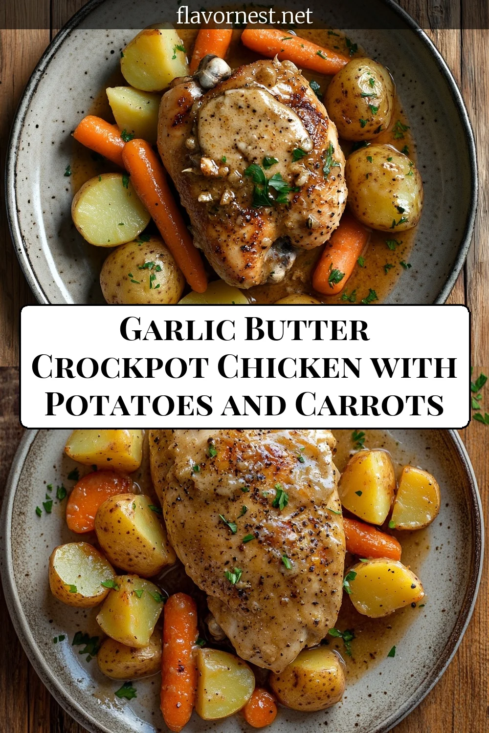 garlic butter crockpot chicken with potatoes and carrots pin