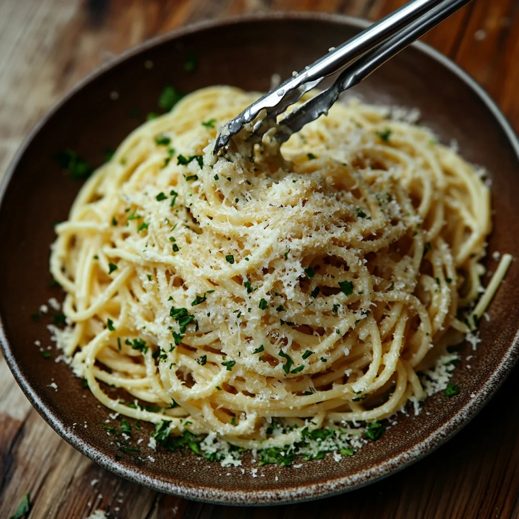 garlic parmesan pasta being swirled with silver tongs