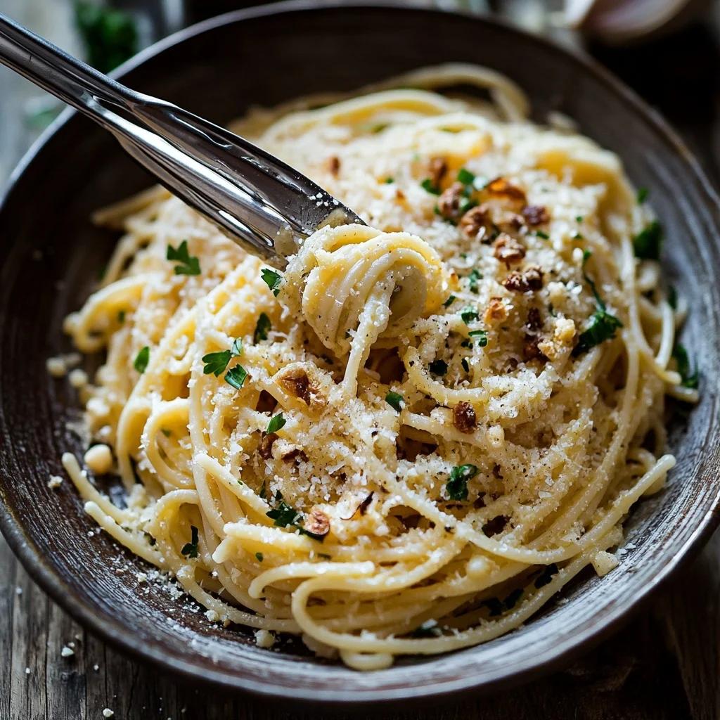 garlic parmesan pasta being swirled with silver tongs ingredients