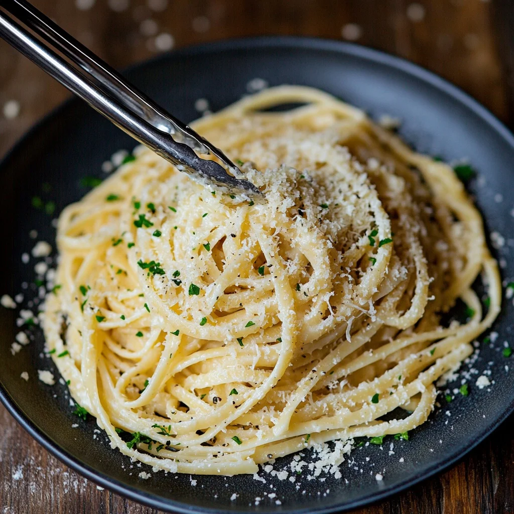 garlic parmesan pasta being swirled with silver tongs serving suggestion