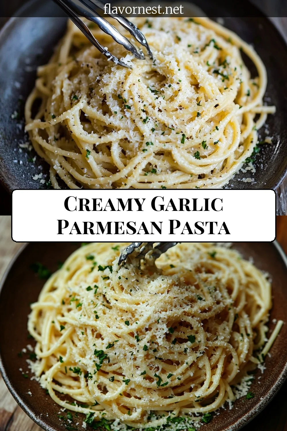 garlic parmesan pasta being swirled with silver tongs pin