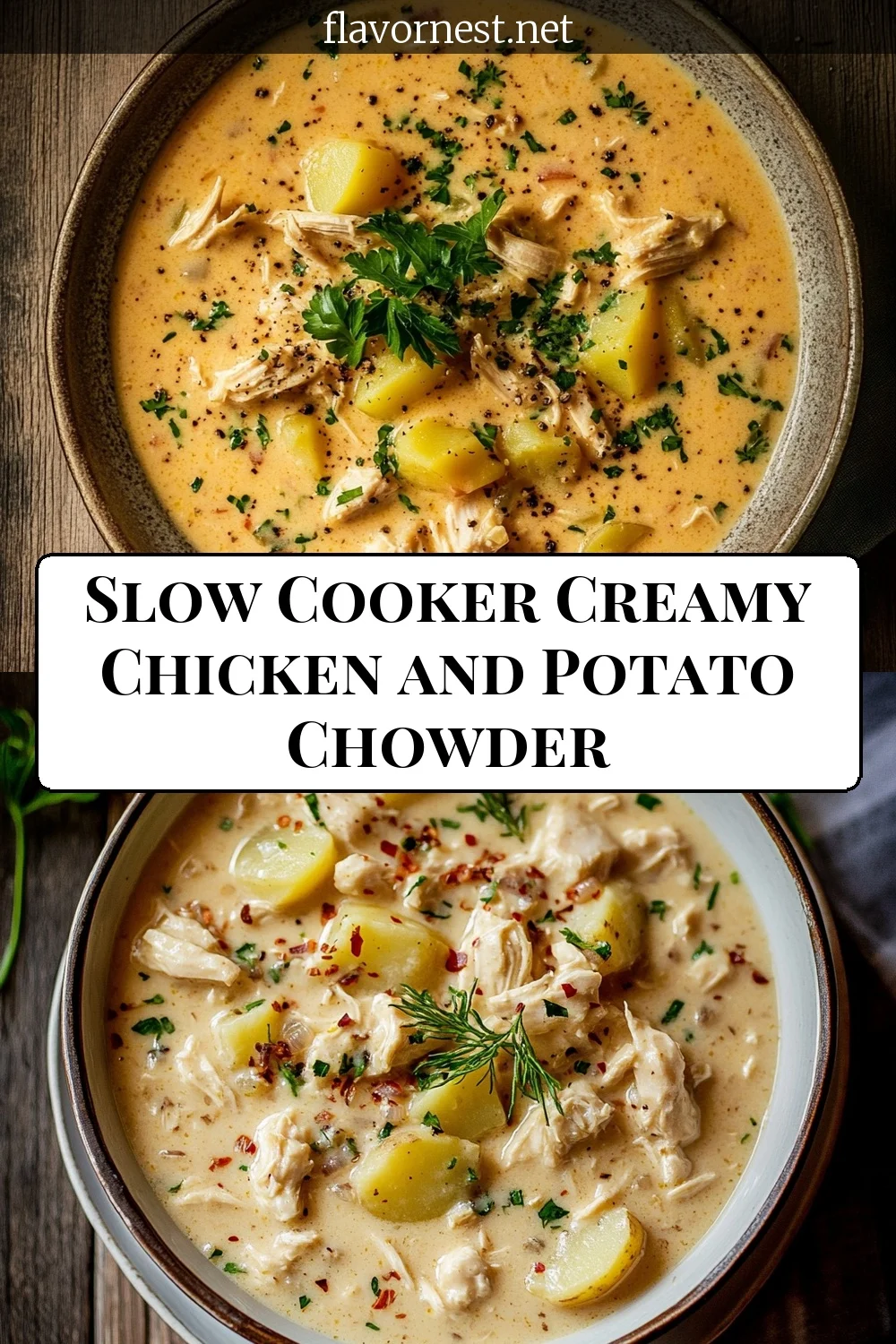 slow cooker creamy chicken and potato chowder pin