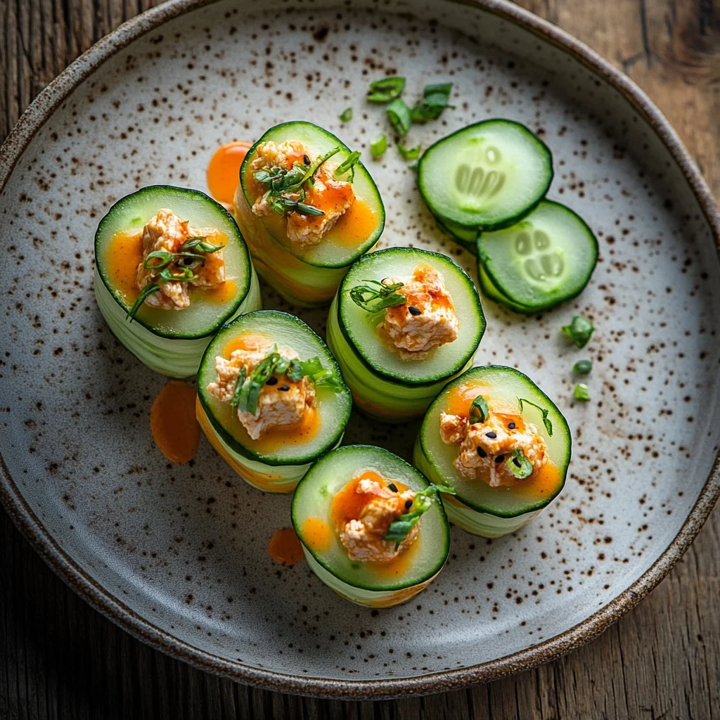 healthy buffalo chicken cucumber rolls 🥒