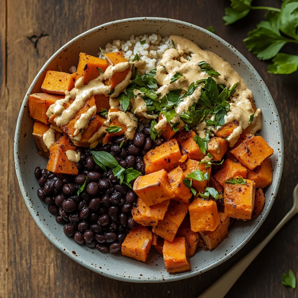 sweet potato black bean meal prep bowls serving suggestion