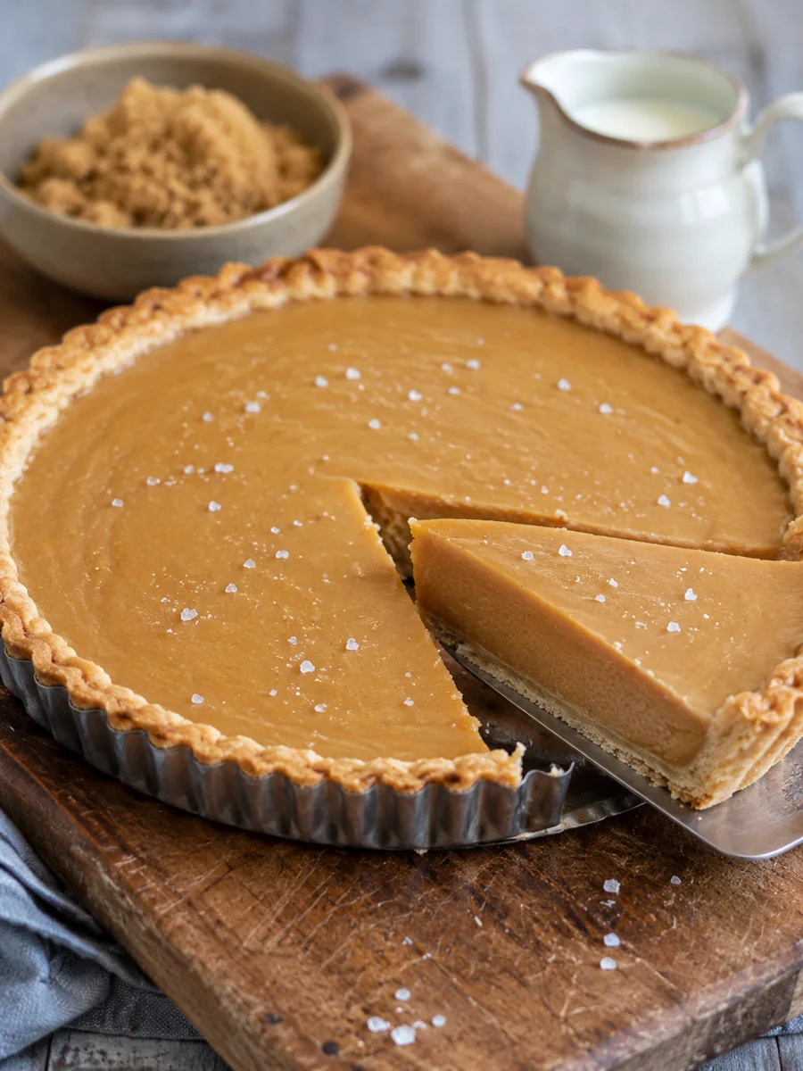 Whole butterscotch tart in a fluted tin with one wedge cut, brown sugar and a jug of milk behind