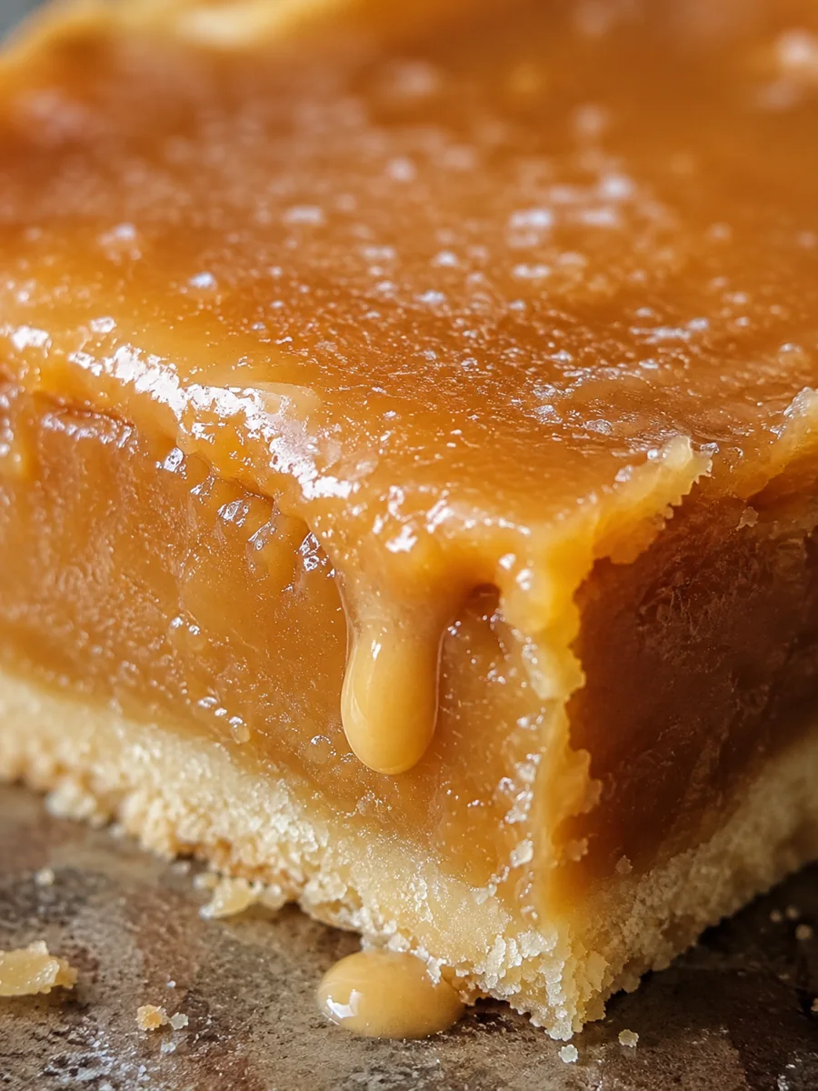 Close-up of a square of butterscotch tart with a drip of custard running down the cut side