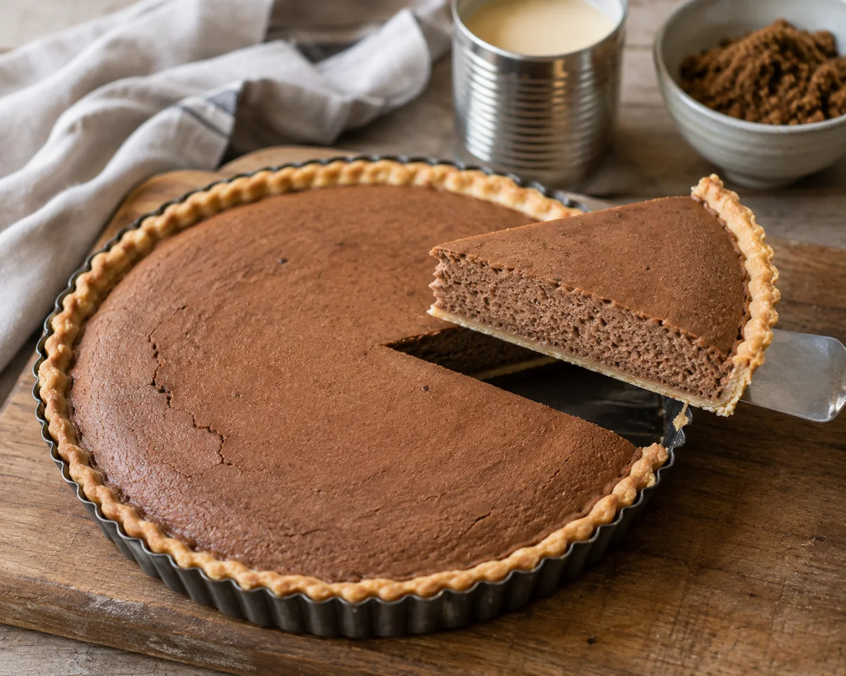 Whole gypsy tart in a fluted tin with one wedge cut, a tin of evaporated milk and muscovado sugar behind