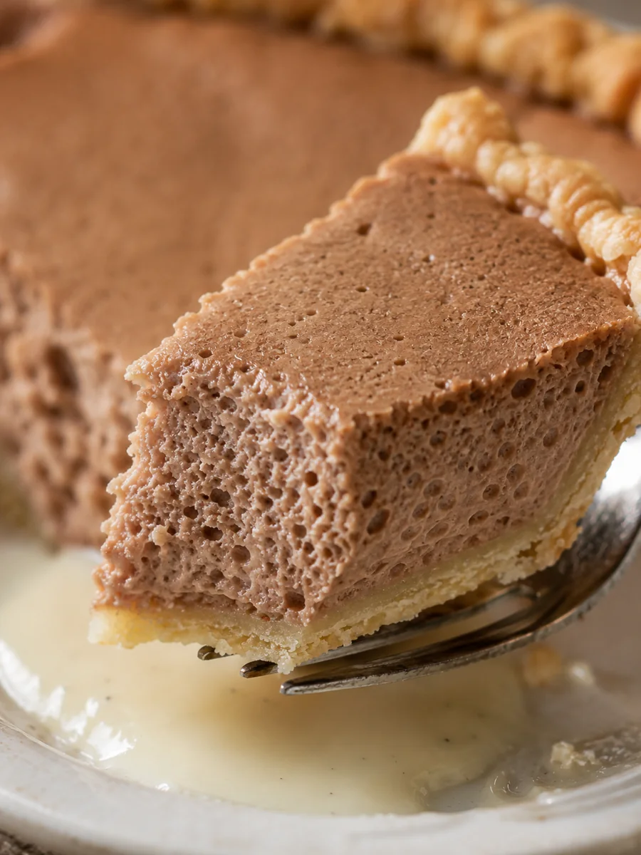 Close-up of a wedge of gypsy tart on a cake slice showing the light, airy filling and a pool of cream